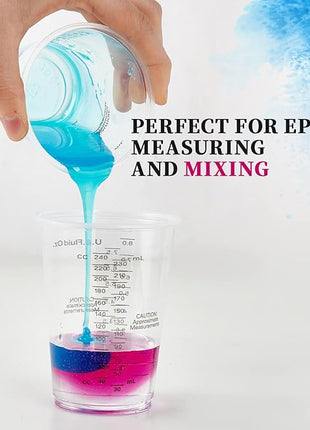 200 PACK Plastic Measuring Cups, 8 oz Disposable Mixing Cups with 100 Wooden Mixing Sticks, Can Be Used for Epoxy Resin, Liquid Measuring, Paint, Cooking and Baking