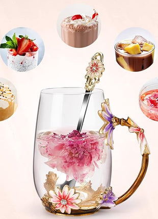 OEAGO Purple Gifts for Women Mom Mothers Day Glass Coffee Enamels Mug Best Birthday Flower Gifts for Her from Daughter Son Lead-Free Christmas Tea Cup with Spoon Set