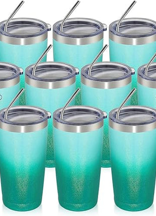 MEWAY 20oz Tumbler 12 Pack Double Wall Vacuum Insulated Travel Glitter Mug Bulk, Stainless Steel Tumblers with Lid and Straw, Powder Coated Coffee Cups for Woman(Gradient Green,Set of 12)