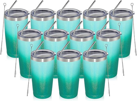 MEWAY 20oz Tumbler 12 Pack Double Wall Vacuum Insulated Travel Glitter Mug Bulk, Stainless Steel Tumblers with Lid and Straw, Powder Coated Coffee Cups for Woman(Gradient Green,Set of 12)