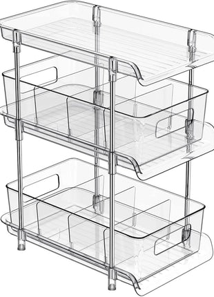 3 Tier Clear Bathroom Organizer with Dividers, Multi-Purpose Pull-Out Pantry Organization and Storage, Under Sink Closet Organizers and Storage, Vanity Skincare Cosmetic Organizer Medicine Bins