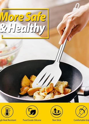 Pack of 4 Silicone Cooking Utensils Set, Non Stick Large Solid Spatulas, Heat Resistant Slotted Spoons, Ideal BPA Free Kitchen Turners for Frying, Mixing,Serving,Draining,Turning,Stirring (WHITE)