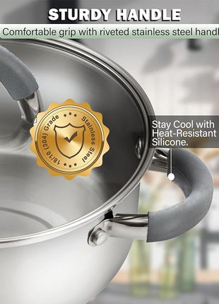 Cook N Home Kitchen Cookware Set, 12-Piece Basics Stainless Steel Pots and Pans Set with Grey Silicone Handle, Silver