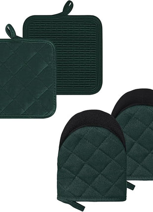 Oven Mitts and Pot Holders Set, Pack of 4, Heat Resistant Silicone Kitchen Mini Oven Mittens for 500 Degrees, Mini Oven Gloves and Hot Pads for Baking Grilling Barbecue Microwave Machine Washable