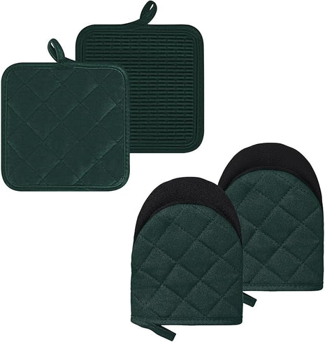 Oven Mitts and Pot Holders Set, Pack of 4, Heat Resistant Silicone Kitchen Mini Oven Mittens for 500 Degrees, Mini Oven Gloves and Hot Pads for Baking Grilling Barbecue Microwave Machine Washable