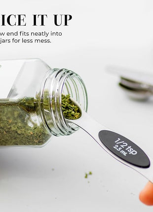 Stanless Steel Magnetic Measuring Spoons Set with Leveler - 8-Piece Heavy Duty Metal, Dual Sided, Stackable, BPA Free, Stainless Steel Measuring Spoons for Dry & Liquid Ingredient - Fits in Spice Jars