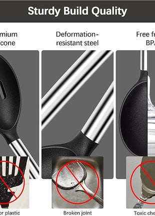 Silicone Spatula Spoon Set, 4 PCS Silicone Cooking Utensils Spatula Spoon Set with Stainless Steel Handle, BPA Free Kitchen Turners for Frying, Mixing, Serving, Draining, Turning, Stirring, Black