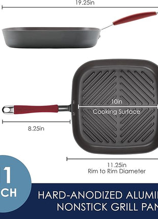Rachael Ray Cucina Hard-Anodized Nonstick 11-Inch Deep Square Grill Pan, Gray with Cranberry Red Handle - 87632