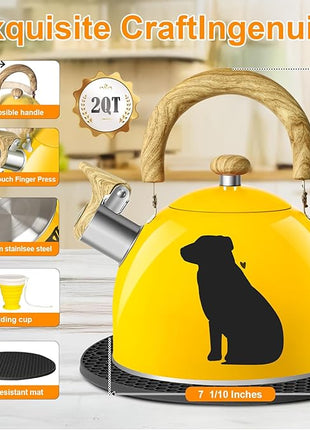 ARC Stainless Steel 2-Quart Whistling Yellow Tea Kettle with Magic Color Changing Design, Stovetop Teapot With Folding Cup & Trivet Mat