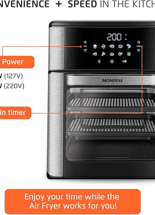 Air Fryer Oven 1800W, 12.7QT Capacity, Touchscreen Panel, Automatic Shut-Off – Black & Stainless Steel – Mondial
