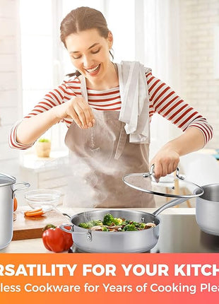 Mueller Pots and Pans Set 17-Piece, Ultra-Clad Pro Stainless Steel Cookware Set, Ergonomic EverCool Handle, Induction Cookware, Includes Saucepans, Skillets, Dutch Oven, Stockpot, Steamer For Cooking