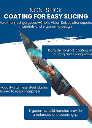 CHEF'S VISION Jurassic Knife Set - 6-Piece Stainless Steel Cutting Knives Set for Kitchen - Stunning Dinosaur Designs, Great Gift for Women or Men - Unique Kitchen Knife Set Gift