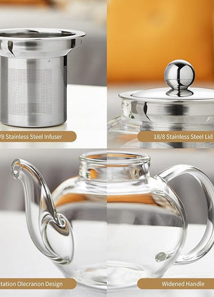 Glass Teapot Stovpetop Safe,20 oz/ 600 ml Stove Top & Microwave Safe Small Borosilicate Glass Kettle with Loose Leaf Tea Strainer For Flower Blooming Tea, Clear
