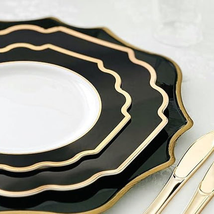 " OCCASIONS " 240 Plates Pack,(120 Guests) Heavyweight Wedding Party Disposable Plastic Plates Set -120 x 10.5'' Dinner + 120 x 8'' Salad / Dessert (Imperial in Black & Gold)