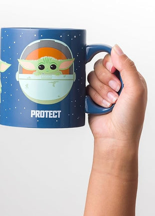 Silver Buffalo Star Wars The Mandalorian The Child Baby Yoda Grogu Protect Attack Snack Ceramic Coffee Mug, 20-Ounces
