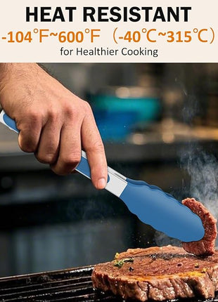 Kitchen Tongs, Stainless Steel Silicone Tongs for Cooking 600ºF High Heat-Resistant BBQ Grilling Locking Tongs, Set of 2-9" and 12" Classic Blue