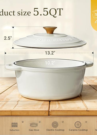 Overmont Enameled Cast Iron Dutch Oven - 5.5QT Pot with Lid Cookbook & Cotton Potholders - Heavy-Duty Cookware for Braising, Stews, Roasting, Bread Baking Pearl White