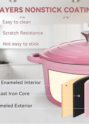 Miereirl 6 Quart Enameled Dutch Oven Pot with Lid, Cast Iron Dutch Oven with Dual Handles for Bread Baking, Cooking, Non-stick Enamel Coated Cookware, Pink