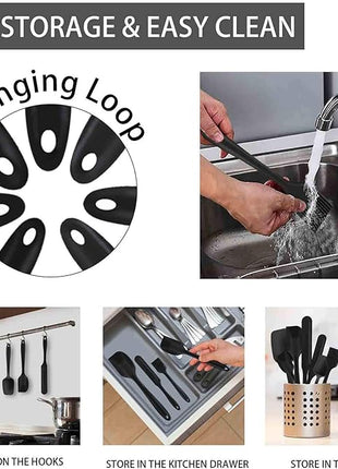 TeamFar Silicone Spatula, 7 PCS Rubber Spatulas Heat Resistant Kitchen Utensils Set for Baking Cooking Mixing, Fit Nonstick Cookware, Healthy & Non Toxic, Sturdy & One Piece, Dishwasher Safe - Black