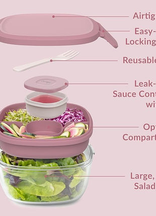 Bentgo Glass All-in-One Salad Container - Large 61-oz Salad Bowl with Lid, 4-Compartment Bento-Style Tray, 3-oz Sauce Container, and Reusable Fork - Dishwasher, Microwave, and Oven Safe (Rose)