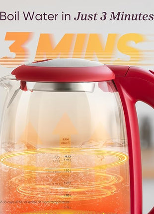 Cosori Electric Kettle, No Plastic Filter & Spout, Tea Kettle & Hot Water Boiler For Coffee & Tea, Water Heater & Teapot, Automatic Shut Off, Borosilicate glass, Red, 1.7L/1500W