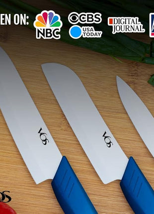 Vos Ceramic Knife Set in Elegant Gift Box, Ceramic Knives Set For Kitchen, Ultra Sharp Kitchen Knife Set with Covers, 4" 5" 6" Paring, Santoku & Chef Knife, Lightweight, Dishwasher safe (Blue Handle)