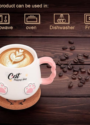 Bgbg Cute Cat Mug, Novelty Ceramic Coffee Tea Milk Cup with Lovely Kitty Lid, Kawaii Claw Spoon, Anime Coaster, Novelty Things Birthday Christmas Gift for Cat Lovers Women Her, 14 oz, White