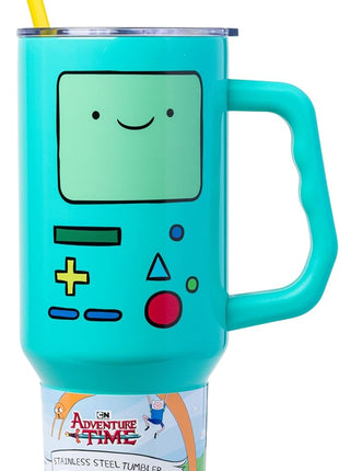Silver Buffalo Adventure Time Featuring BMO Stainless Steel Tumbler with Handle and Straw, Fits in Standard Cup Holder, 40 Ounces