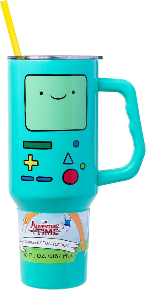 Silver Buffalo Adventure Time Featuring BMO Stainless Steel Tumbler with Handle and Straw, Fits in Standard Cup Holder, 40 Ounces