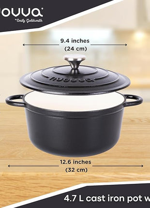 Cast Iron Pot with Lid – Non-Stick Ovenproof Enamelled Casserole Pot, Oven Safe up to 500° F – Sturdy Dutch Oven Cookware – Black, 5-Quart, 24cm – by Nuovva