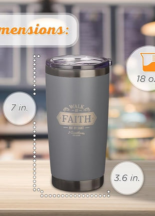 Christian Art Gifts Stainless Steel Double Wall Vacuum Insulated Travel Mug 18 oz Gray Bible Verse Tumbler with Retractable Lid for Men & Women - Walk by Faith - 2 Corinthian 5:7