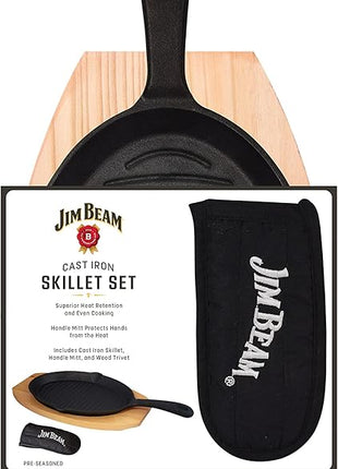 Jim Beam JB0159, Heavy Duty Construction, Pre Seasoned Cast Iron Skillet with Wooden Base and Mitt, Black,Small