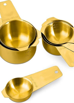 Set of 7 Heavy Duty Measuring Cups, 18/8 Stainless Steel with Ring Connector, Gold
