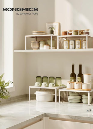 SONGMICS Spice Racks, Set of 4 Metal Cabinet Shelf Organizers, Countertop Organizers, Shelf Risers, Stackable, Expandable, Oatmeal Beige UKCS006K01