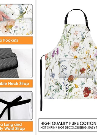 Britimes Apron Home Kitchen Cooking Baking Gardening for Women Men With Pockets Wildflower Flower Floral Boho Butterfly Hydrangea 32x28 inch