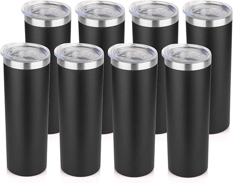 HASLE OUTFITTERS 20 oz Skinny Tumblers Bulk Set, Stainless Steel Insulated Slim Tumblers with Lids, Reusable Double Wall Travel Coffee Mugs, Durable Powder Coated Travel Water Cups(Black, 8)