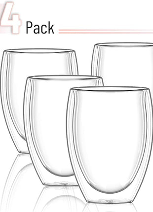 Brew To A Tea - WineGlass, 4 Pack, 12 oz (350 ml), Double Wall Stemless Wine Glass, Christmas Gifts