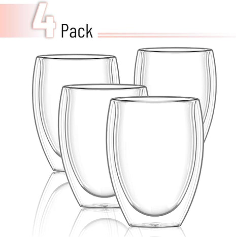 Brew To A Tea - WineGlass, 4 Pack, 12 oz (350 ml), Double Wall Stemless Wine Glass, Christmas Gifts