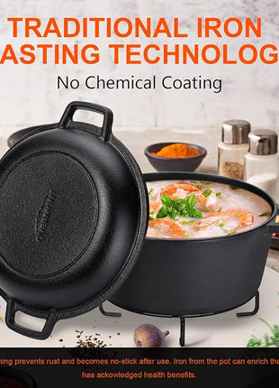 Overmont 2 in 1 Pre Seasoned Dutch Oven with Skillet Lid for Induction, Electric, Grill, Stovetop, BBQ, Camping (5 Quart)