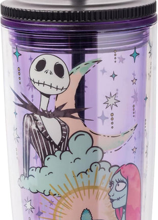 Silver Buffalo Disney Nightmare Before Christmas “Forever and Always” Spill Resistant Plastic Tumbler Featuring Jack Skellington and Sally, 20 Ounces