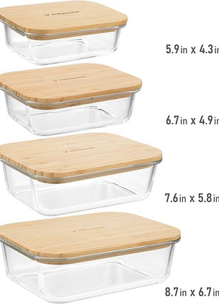 Set of 4 Stackable Space-Saving Nesting Glass Containers with Airtight Bamboo Lids - Lunch, Meal & Food Prep - Microwave & Oven Safe BPA Free Durable Heat Resistant Inert Borosilicate Glass
