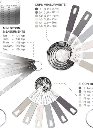 22-Piece Stainless Steel Measuring Cups and Spoons Set, Tad Dash Pinch Smidgen Drop Mini Measuring Spoons, Measuring Stick Leveler, Measurement Conversion Chart Fridge Magnet, (Charcoal)