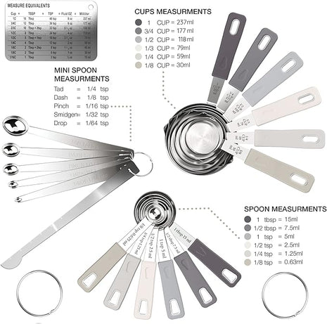 22-Piece Stainless Steel Measuring Cups and Spoons Set, Tad Dash Pinch Smidgen Drop Mini Measuring Spoons, Measuring Stick Leveler, Measurement Conversion Chart Fridge Magnet, (Charcoal)