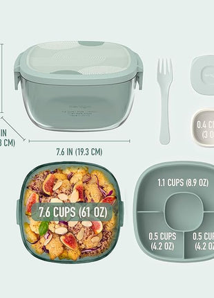 Bentgo Glass Prints All-in-One Salad Container - 61oz Tinted Glass Salad Bowl with Lid, Bento-Style Tray, Sauce Container, & Reusable Fork - Dishwasher & Microwave Safe (Mod Curve - Serene Green)
