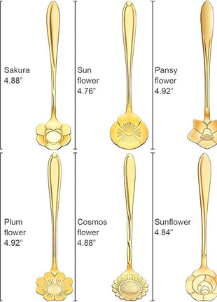 Chengu 8 Pieces Flower Coffee Tea Spoons Stainless Steel Sugar Spoons Tea Party Flower Fancy Tableware Set Stir Bar Creative Stirring Teaspoon, 8 Different Patterns(Gold)