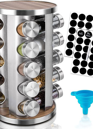 Rotating Spice Rack Organizer with Jars(20Pcs), Seasoning Organizer for Cabinet, Kitchen Spice Racks for Countertop, Revolving Stainless Steel Spice Organizer