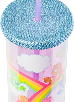 Silver Buffalo Care Bears Plastic Cold Cup with Rhinestone Lid and Straw Featuring Good Luck Bear, Love-a-Lot Bear, Friendship Bear, Tenderheart Bear, and Grumpy Bear, 20 Ounces