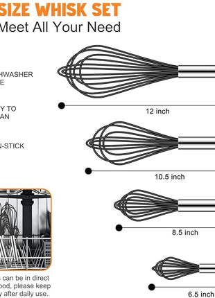 HOTEC 4 Pieces Silicone Whisks Set, Wire Balloon Whisks Egg Beater, Non-slip Handle Whisk for Non-stick Cookware Perfect for Cooking, Stirring, Beating and Blending (Black)