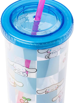 Silver Buffalo Sanrio Hello Kitty and Friends Cinnamoroll Cherry Blue Checkered Plastic Cold Cup with Lid and Straw, 20 Ounces