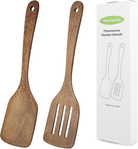 Wooden Spatula for Cooking 12 Inches Wood Spatula Slotted Turner Cooking Utensils for Nonstick Cookware, Kitchen Spatulas for Fish, Eggs, Pancakes, 2 Pack